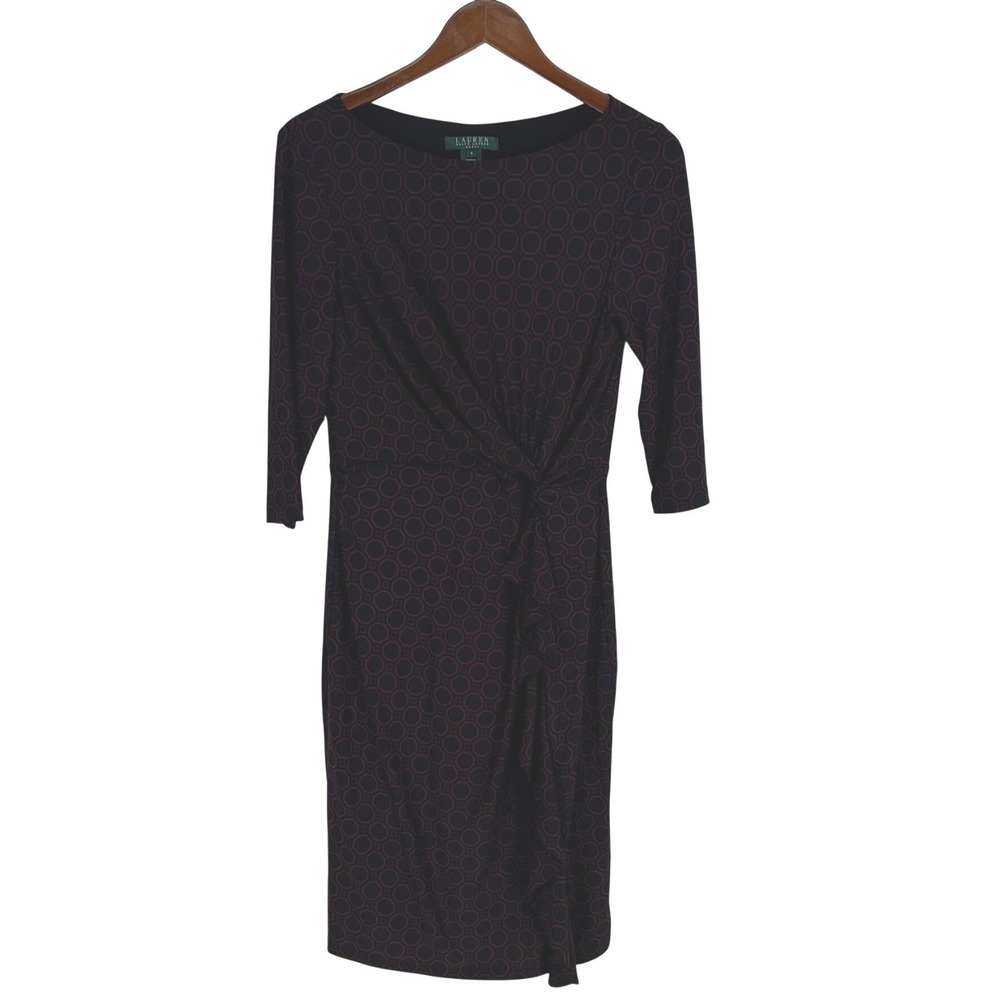 Lauren Ralph Lauren Twist Front Dress Size 8 Burgundy Black Geometric Classy